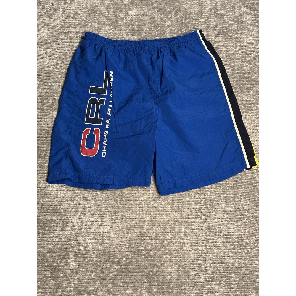 Chaps Ralph Lauren Swim Trunks Mens Large Blue Black Lined Shorts Pockets 7"